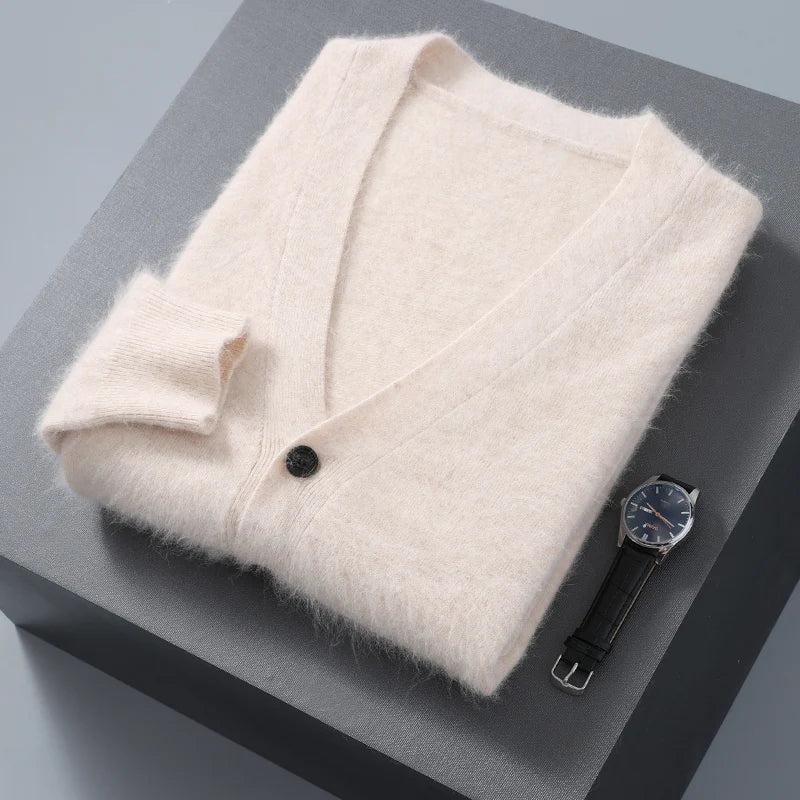 Men's V-Neck 100% Mink Cashmere Cardigan Autumn Winter New Large Size Knitted Coat Middle-Aged Warm Casual Sweater Loose Jacket