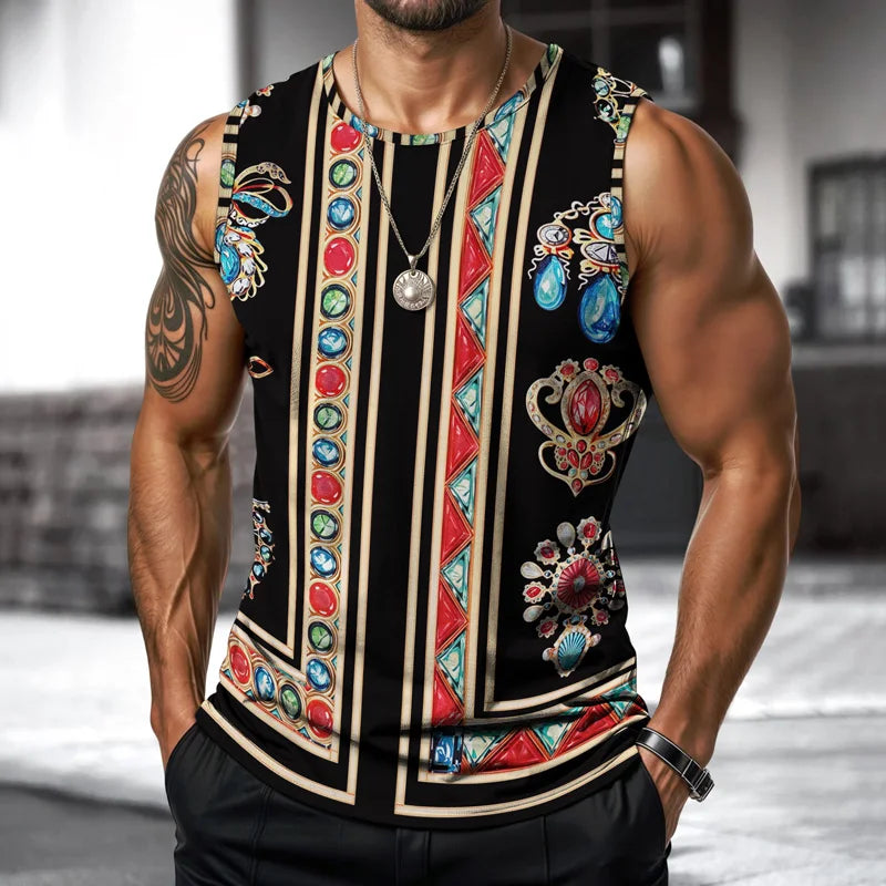 Street Fashion Light Luxury Mens Vest Round Neck Sleeveless T Shirt Printed Daily Outdoor Sports Fitness Running Top Brand 2025