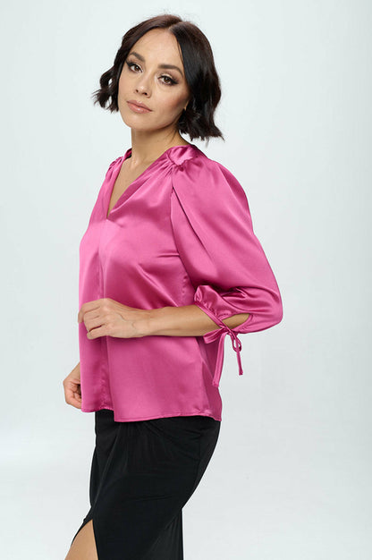 Stretch Satin Bold V neck Top with Tie Sleeve