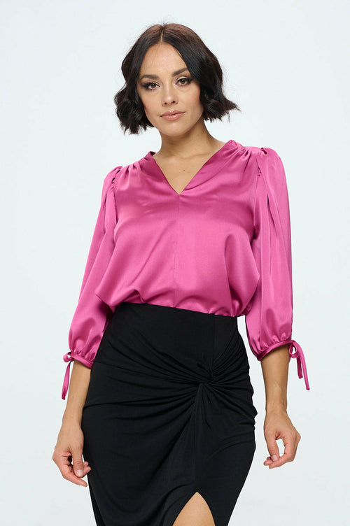Stretch Satin Bold V neck Top with Tie Sleeve