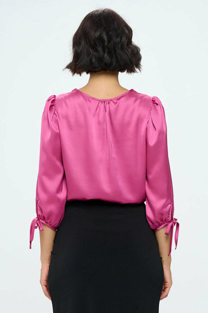 Stretch Satin Bold V neck Top with Tie Sleeve