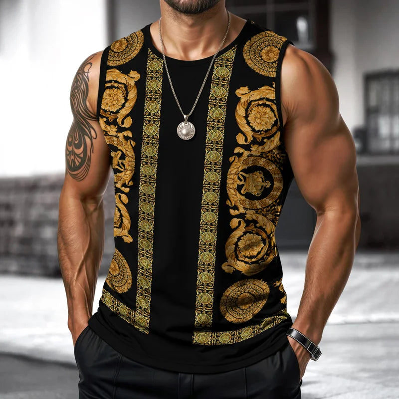 Street Fashion Light Luxury Mens Vest Round Neck Sleeveless T Shirt Printed Daily Outdoor Sports Fitness Running Top Brand 2025