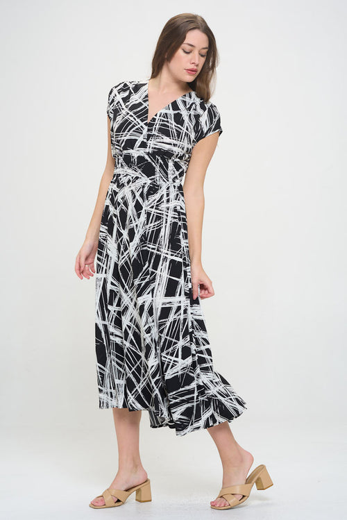 Abstract V neck Sleeveless Maxi Dress with Slit