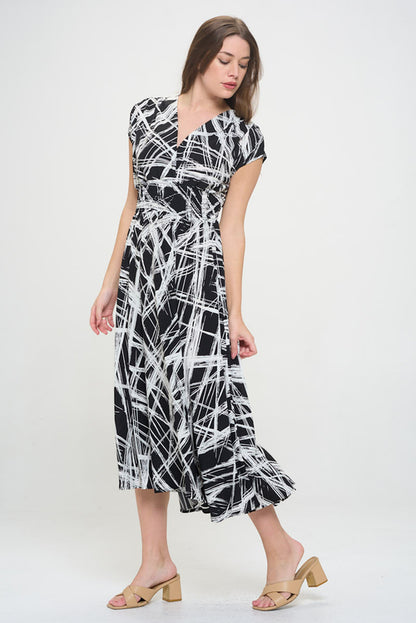 Abstract V neck Sleeveless Maxi Dress with Slit