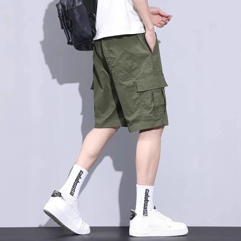 Green Male Short Pants Loose Solid Cotton Men's Cargo Shorts Clothing Japanese Street Style New in Distressed Vintage Casual Y2k